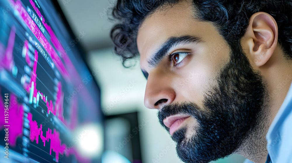 Poster focused businessman analyzing financial data on a computer screen.