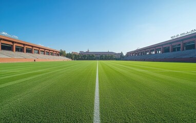 Immaculately Groomed Soccer Field at a Modern Stadium under a Clear Blue Sky