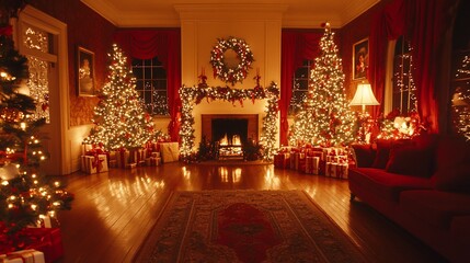 Festive Christmas living room with two decorated trees, presents, fireplace, and warm lighting.