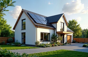 Modern eco home with solar panels on gable roof. Landscaped yard, new suburban house. Exterior shot shows sunny day in residential area. Home passive design, energy-efficient. New home in green