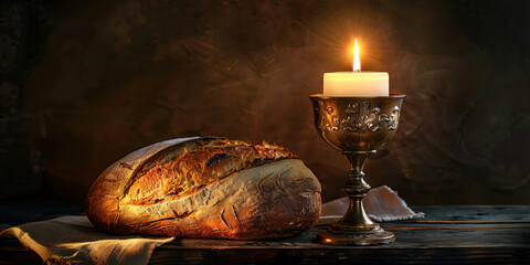 Obraz premium Rustic Bread, Lit Candle, and Brass Chalice on Wooden Surface