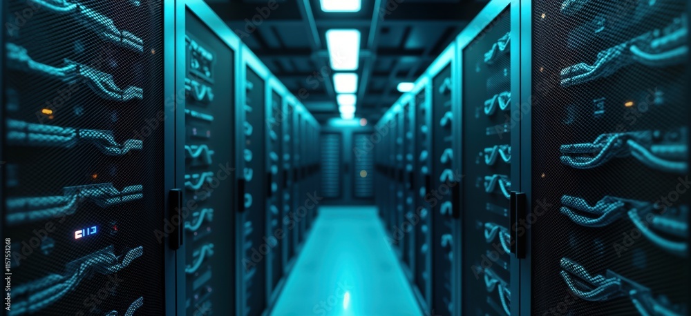 Poster server room interior shows many dark blue server cabinets. tech equipment, networking cables managed