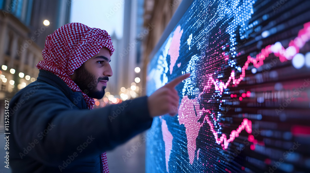 Poster man in traditional attire points at a digital world map displaying financial data at night.