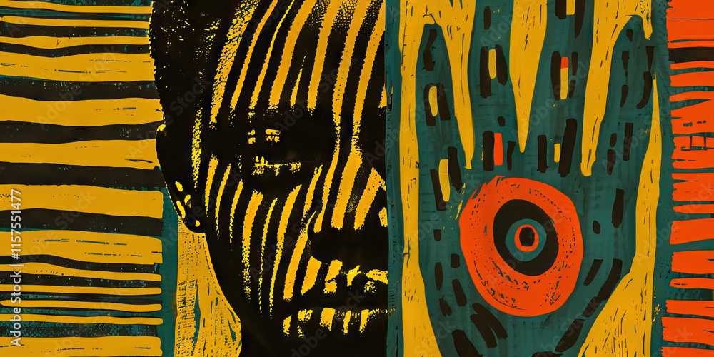Poster abstract artwork: stylized face and handprint with concentric circles