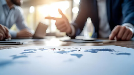 Businessmen reviewing global market strategy,  using world map and laptop.