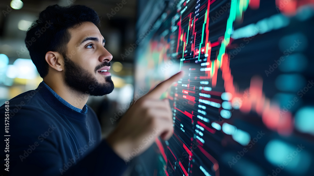 Poster focused businessman analyzing financial data on a large interactive screen, pointing at charts and g