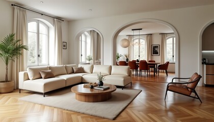 Modern living room features parquet flooring, chic furniture. Cream sectional sofa, coffee table made of light wood sit comfortably in open plan space. Interior design shows neutral colors. Large