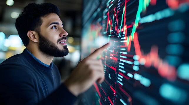Focused businessman analyzing financial data on a large interactive screen, pointing at charts and graphs. - Powered by Adobe