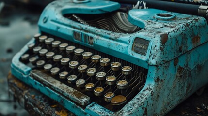 Weathered teal typewriter, keys, vintage, rusty.