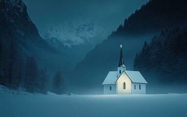 Fototapeta premium A hyper-realistic wide-shot landscape of a small white church in a misty, snow-covered valley during winter, illuminated by night light