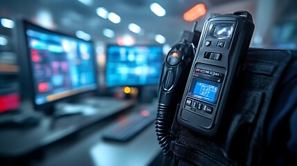 Tactical Radio Device on Security Vest Near Computer Screens