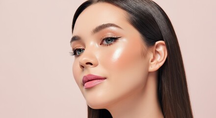 Fototapeta premium Elegant beauty portrait of young caucasian woman with radiant skin on soft pink background for skincare and health promotion