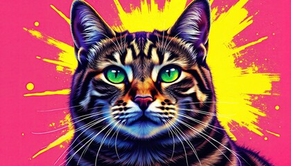 Colorful cat portrait with vibrant background, Print for T-Shirt