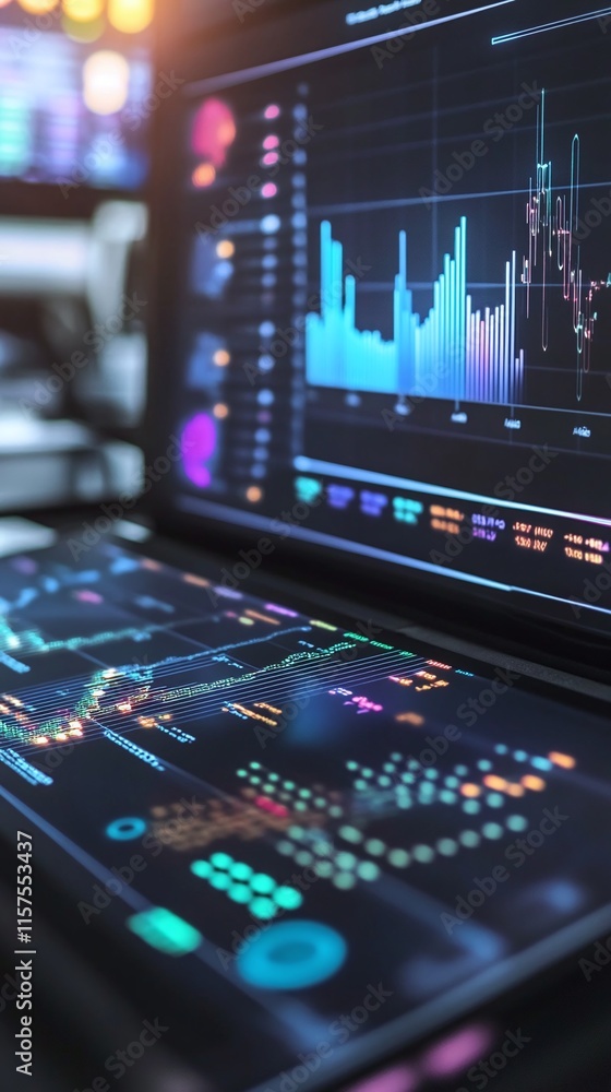 Poster futuristic financial setup with holographic displays showing microstrategy stock analytics