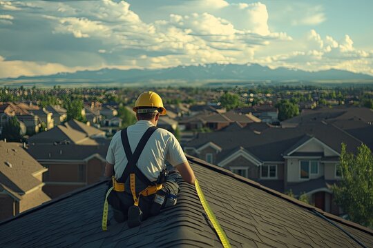 Construction worker sits on a roof overlooking a suburban landscape.