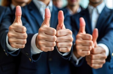 Business people show thumbs up gesture. Team gives positive feedback. Teamwork, support. Corporate professionals show approval, affirmation. Positive communication. Agreement, unity. Success,