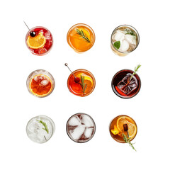 Collection top view of glasses with Summer Soda colorful drinks menu isolated or on white background, mocktail or cocktail for refreshing.	
