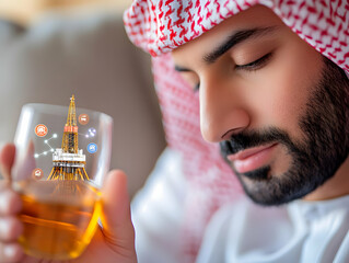 Arab man in traditional attire holds a glass with a futuristic hologram of a tower, contemplating global connections.