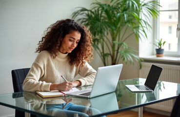 Young woman student uses laptop for online learning. Taking notes on notebook. Home office setup. Casual attire. Digital education. Virtual class. Remote work. Elearning experience. Cozy interior