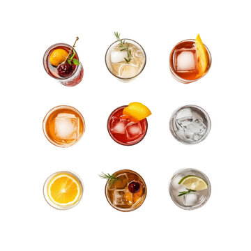 Collection top view of glasses with Summer Soda colorful drinks menu isolated or on white background, mocktail or cocktail for refreshing.	
