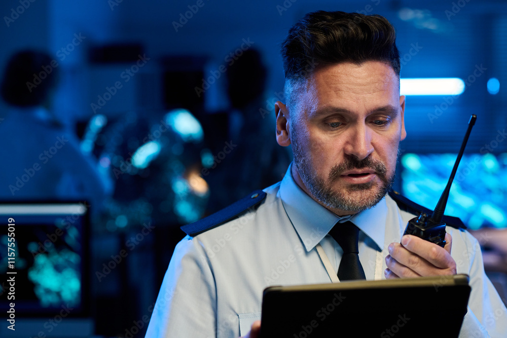 Aufkleber male officer or military command center worker with walkie-talkie and tablet reporting situation on 