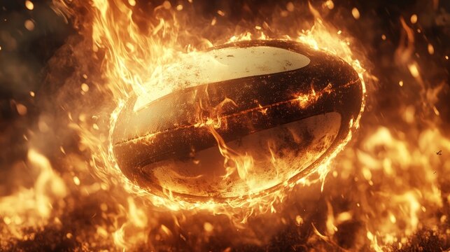 Burning Rugby Ball Intense Heat of Sport with Flames on Dark Background, Detailed Texture - Powered by Adobe