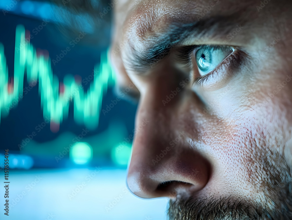 Poster close-up of a man's intense gaze focused on a stock market graph displayed on a computer screen.