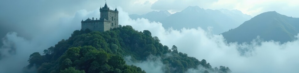 Naklejka premium Ancient stone castle shrouded in mist, dramatic peaks , remote, silhouette