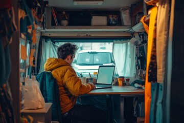 A cozy mobile workspace creates a perfect environment for remote work. Embrace the freedom of working from anywhere. Enjoy your journey in a van life. Generative AI