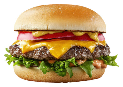 PNG A delicious cheeseburger with a juicy beef patty, melted cheese, fresh lettuce, tomatoes, and tangy mustard nestled in a soft bun.