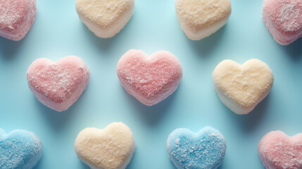 Obraz premium The photo shows colorful marshmallow hearts on a blue background. The hearts are pink, white, and blue, covered with powdered sugar