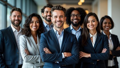 Diverse business team stands together in modern office. Professionals look directly at camera. Positive and confident expressions. Formal attire. Teamwork and collaboration. Modern business setting.