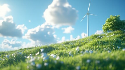 A wind turbine stands tall on a lush green hillside adorned with blooming flowers, all set against a clear blue sky filled with fluffy white clouds