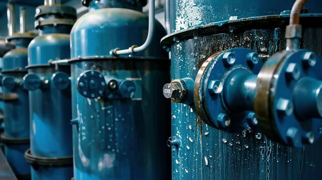 Moisture droplets collecting on blue industrial pipes and valves, highlighting mechanical systems within maritime vessel engine room infrastructure