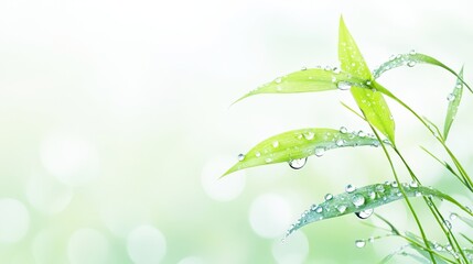Obraz premium Fresh green leaves adorned with water droplets against a soft blurred background, perfect for themes of nature, freshness, and rejuvenation in wellness, gardening, or environmental projects,