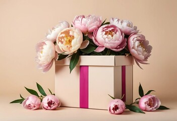 A gift box with a pink ribbon and peony flowers on a beige background