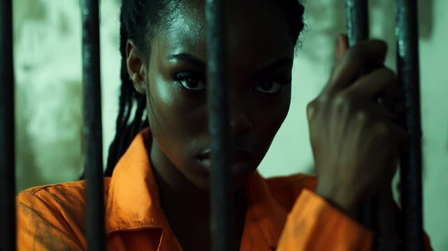 Woman in orange jumpsuit stares intensely from behind prison bars in dimly lit cell