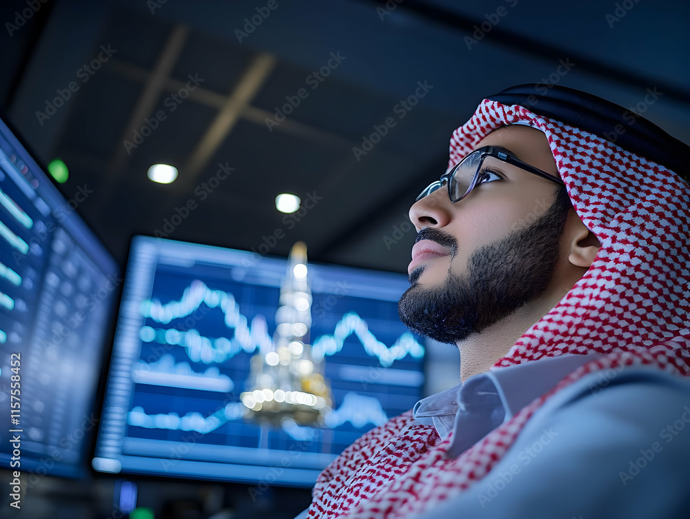 Poster focused businessman in traditional attire analyzing financial data on multiple computer screens.