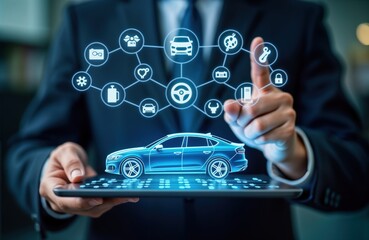 Businessman holds digital tablet displaying car maintenance diagnostics. Virtual car image overlaid with connected icons for services. Modern tech approach to car servicing. Concepts auto repair,