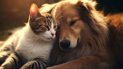 Cat and Dog Cuddling Affectionately