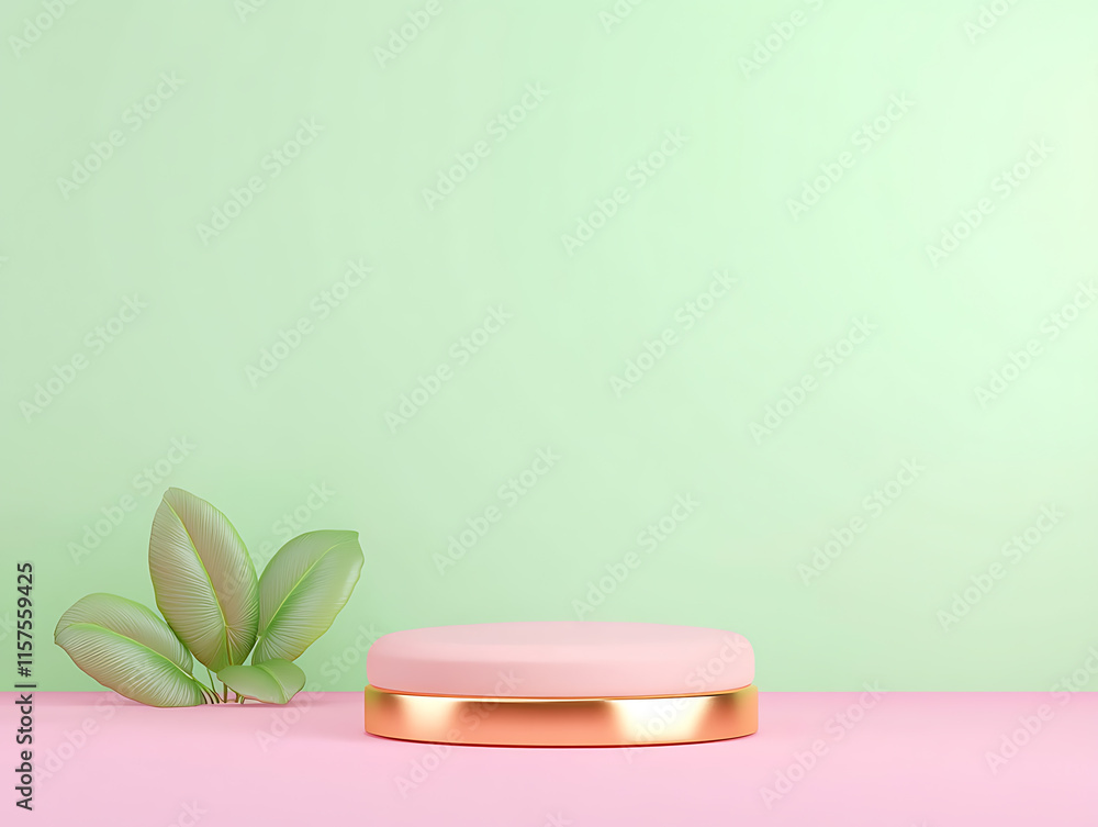 Poster minimalist display stand featuring soft pink circular base and green leaves modern aesthetic studio 