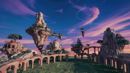 Surreal Landscape with Floating Islands and Digital Sky
