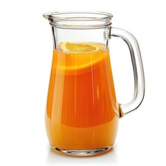 A glass pitcher filled with freshly squeezed orange juice, garnished with an orange slice.