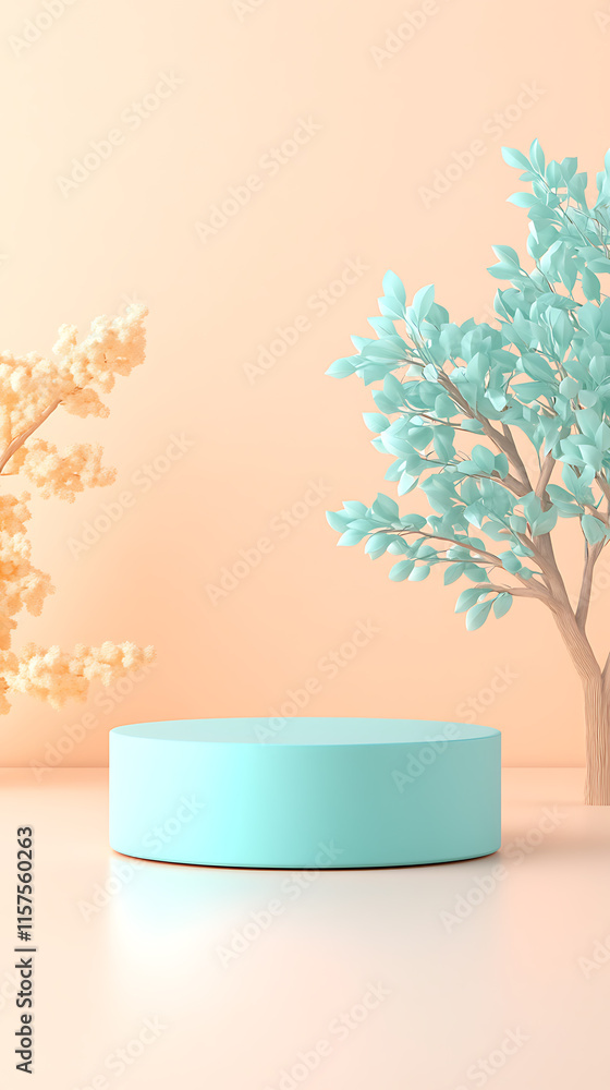 Poster minimalist display scene with blue decorative trees studio setting product photography calm environm