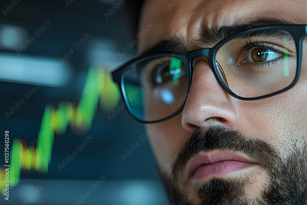 Poster close-up of a focused man with glasses analyzing a stock market graph on a computer screen, showing 
