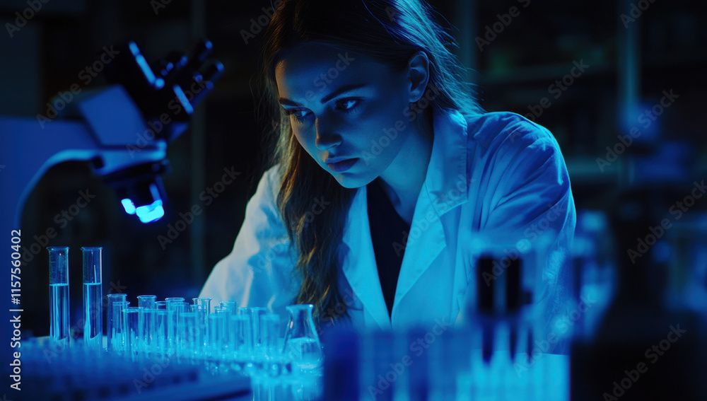 Poster a scientist focuses intently on a microscope while examining various chemical samples in test tubes 