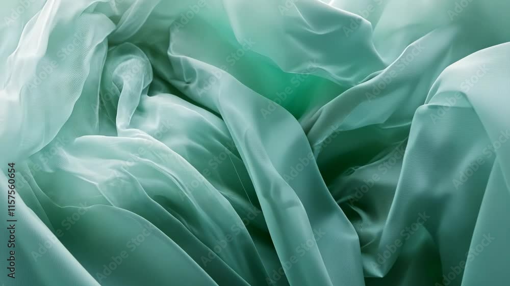 Poster flowing mint green fabric drapes elegantly in soft waves and folds, creating a serene and calming vi