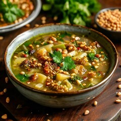 Traditional Portuguese Caldo Verde Soup: A hearty and vibrant bowl of Caldo Verde, featuring fresh kale, potatoes, and diced tomatoes, garnished with parsley and served in a rustic ceramic dish.