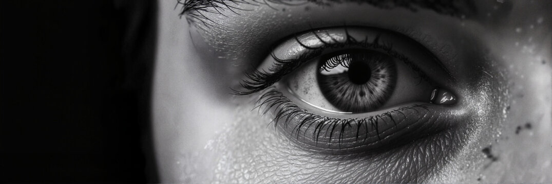 Close-up of a human eye in black and white with high detail and dramatic lighting