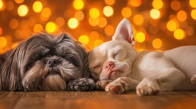 Charming shih tzu and devo cuddle in warm soft focus lighting cozy home environment adorable dog photography